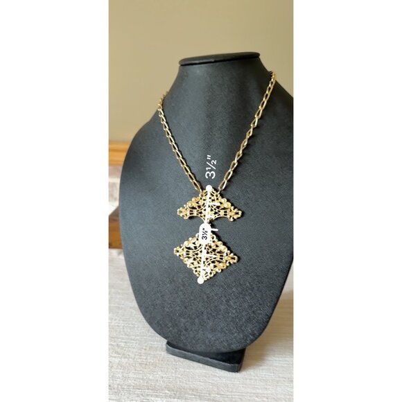Vintage Gold-Tone Filigree Pendant Necklace With Double Cross Unique - Picture 15 of 15